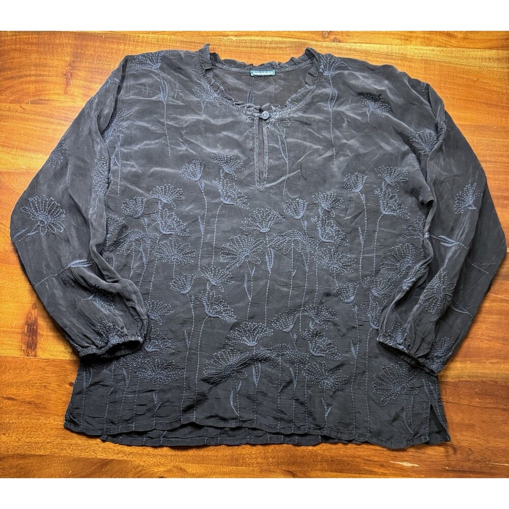 Johnny Was Black Silk Embroidered Blouse Top LS Floral Boho Tonal Size M